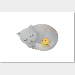 Cat sleeping with small bird - kids illustration Posters and Art